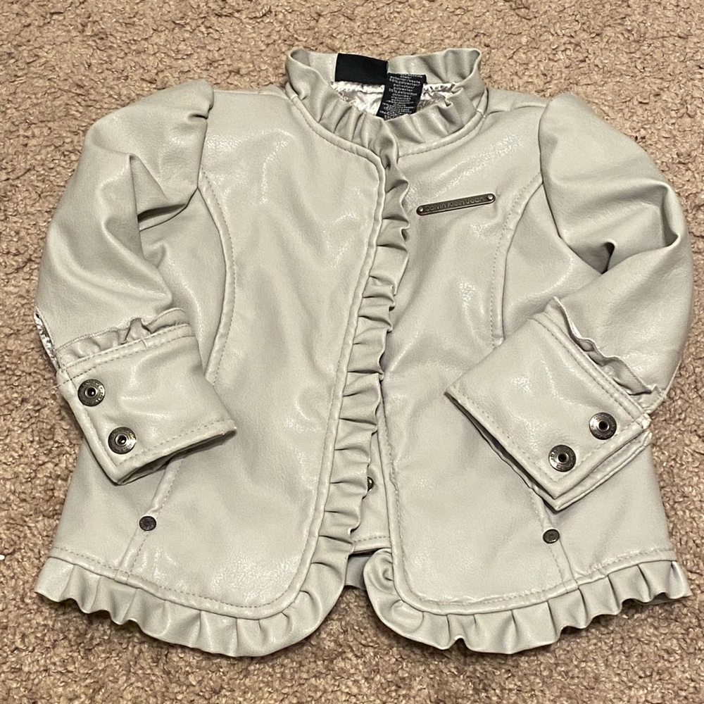 Calvin Klein Light Gray Ruffle Faux Leather Jacket 18M